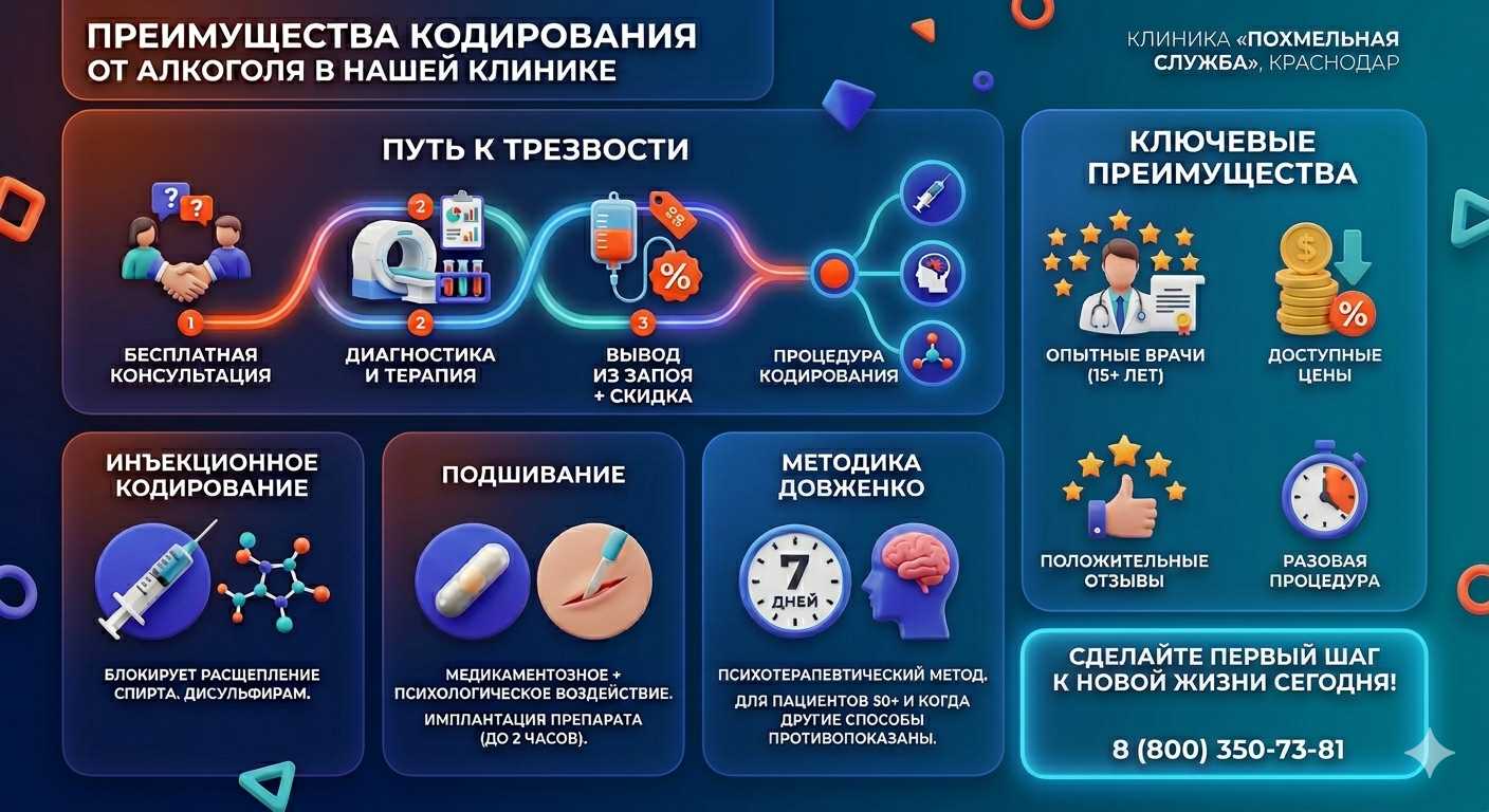 Инфографика о методах кодирования от алкоголя в Эндирее: инъекции, подшивание, метод Довженко. Преимущества клиники и этапы лечения.