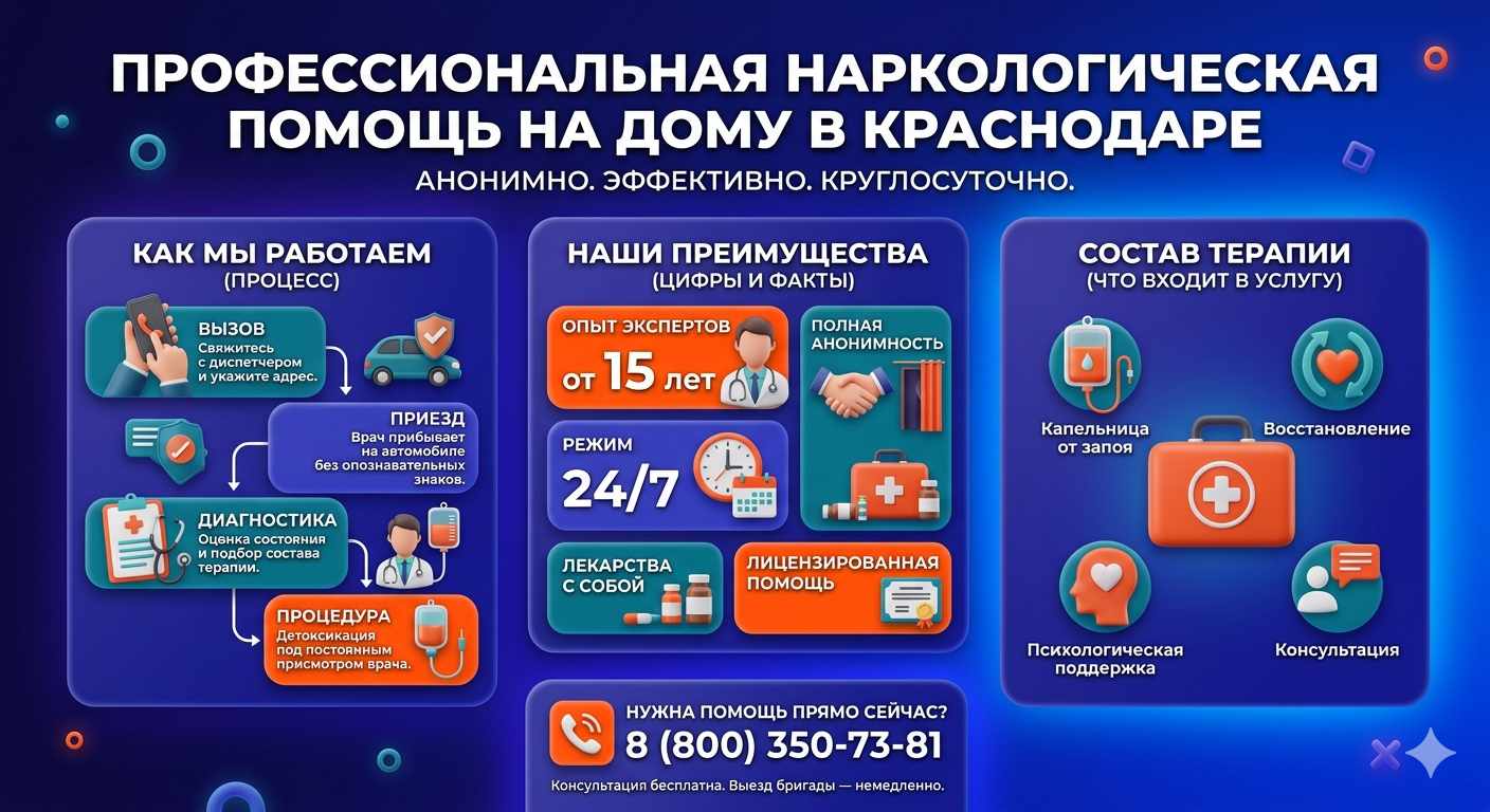 Инфографика о принципах лечения алкоголизма на дому в Эндирее: этапы вызова нарколога, преимущества анонимной детоксикации и состав медицинской помощи.
